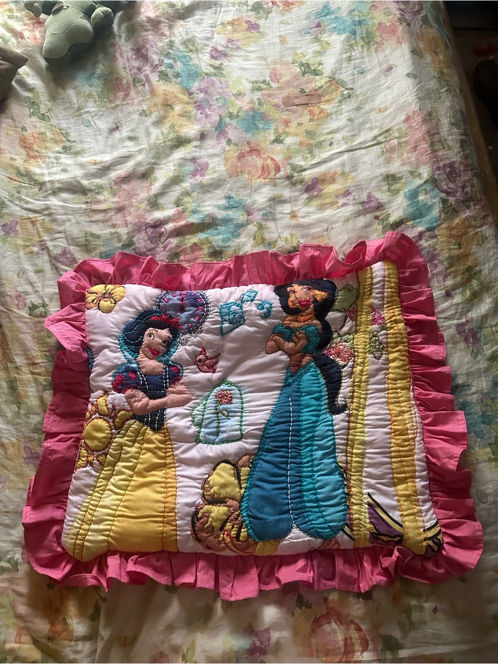 Embroidered Princess Decorative Pillow Cover in Pink, Yellow, Blue